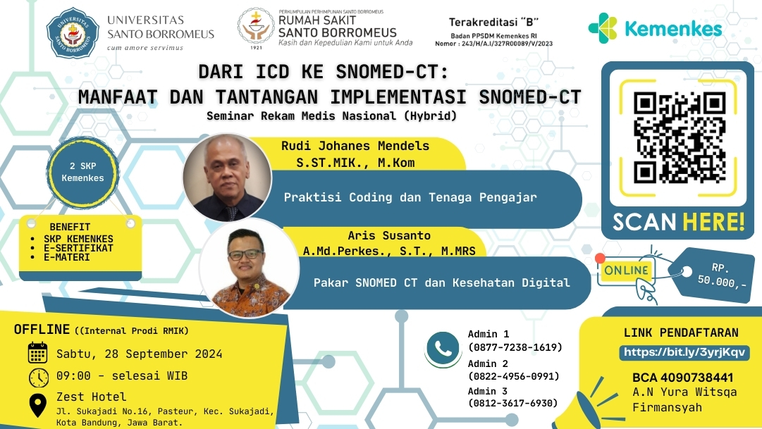 SEMINAR REKAM MEDIS NASIONAL 2024 DARI ICD KE SNOMED-CT MANFAAT DAN TANTANGAN IMPLEMENTASI SNOMED-CT  KERJASAMA RS SANTO BORROMEUS DENGAN USTB