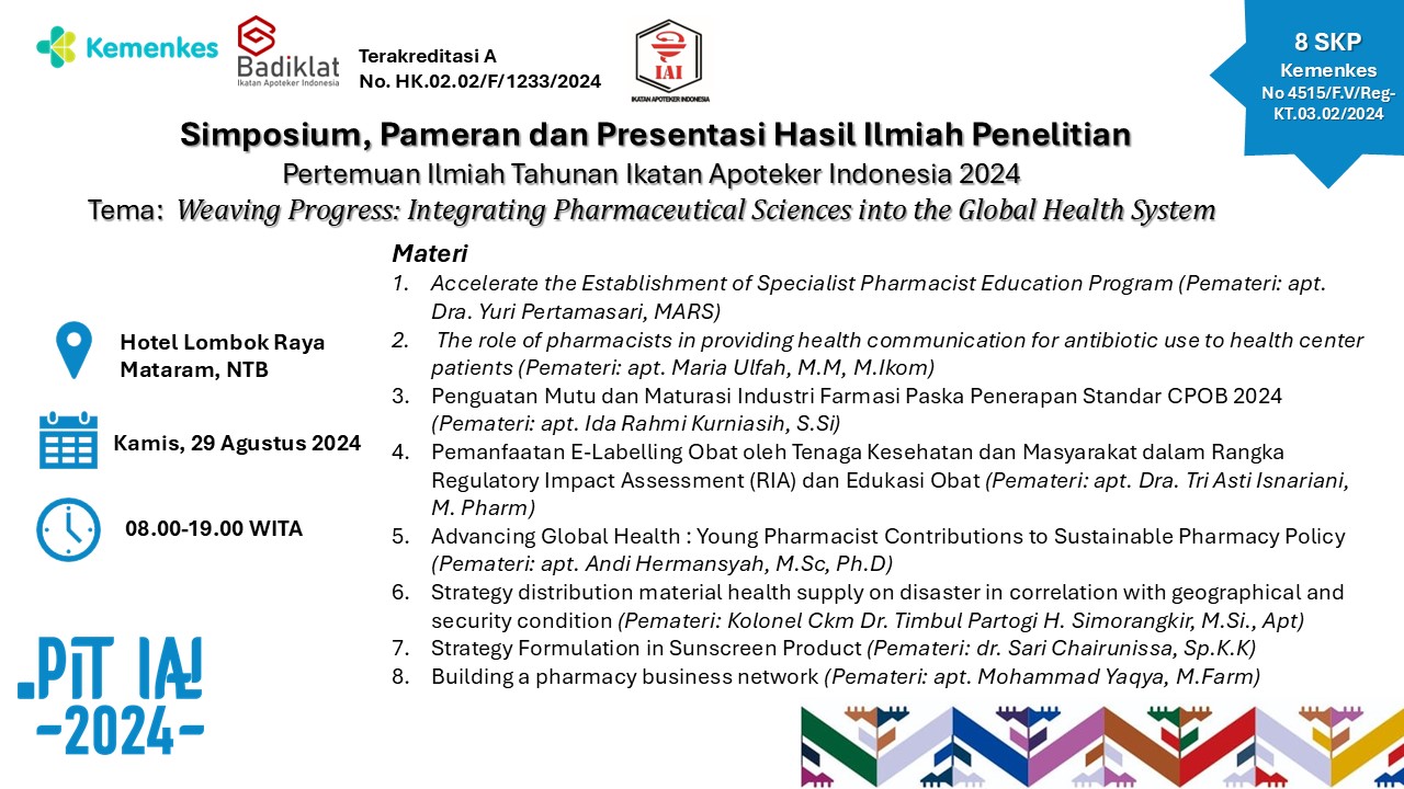 Simposium, Pameran dan Presentasi Hasil Ilmiah Penelitian pada Pertemuan Ilmiah Tahunan Ikatan Apoteker Indonesia 2024 Weaving Progress Integrating Pharmaceutical Sciences into the Global Health System