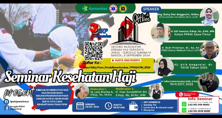 SEMINAR FPKHI JAWA TIMUR dengan Tema KEBIJAKAN KESEHATAN HAJI DAN PENANGANAN KEGAWATDARURATAN PADA JAMAAH HAJI DI ARAB SAUDI SERTA TATA CARA PENDAFTARAN TKHK/ PPIH