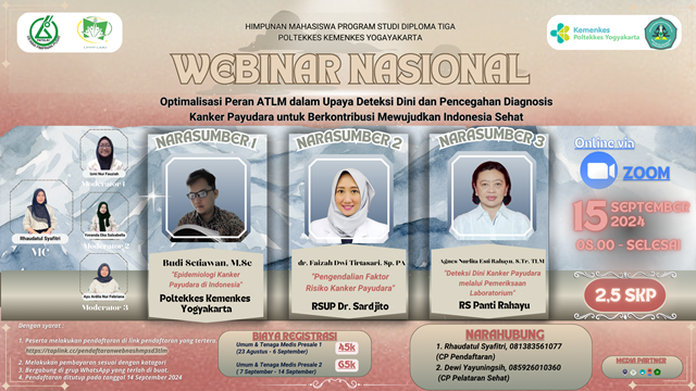 WEBINAR NASIONAL OPTIMALISASI PERAN ATLM DALAM UPAYA DETEKSI DINI DAN PENEGAKAN DIAGNOSIS KANKER PAYUDARA UNTUK BERKONTRIBUSI MEWUJDUKAN INDONESIA SEHAT_POLTEKKES KEMENKES YOGYAKARTA