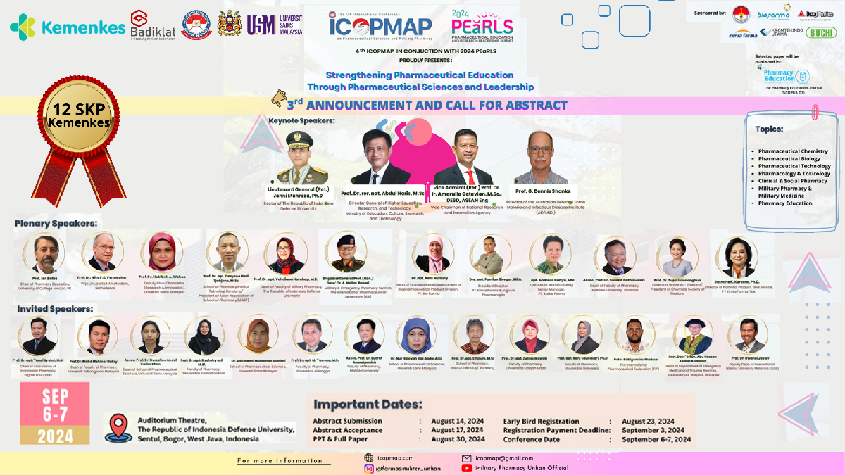 The 4th International Conference on Pharmaceutical Sciences and Military Pharmacy (ICOPMAP) in conjunction with 2024 Pharmaceutical Education and Research Leadership Summit (PEaRLS) Strengthening Pharmaceutical Education through Pharmaceutical Sciences an