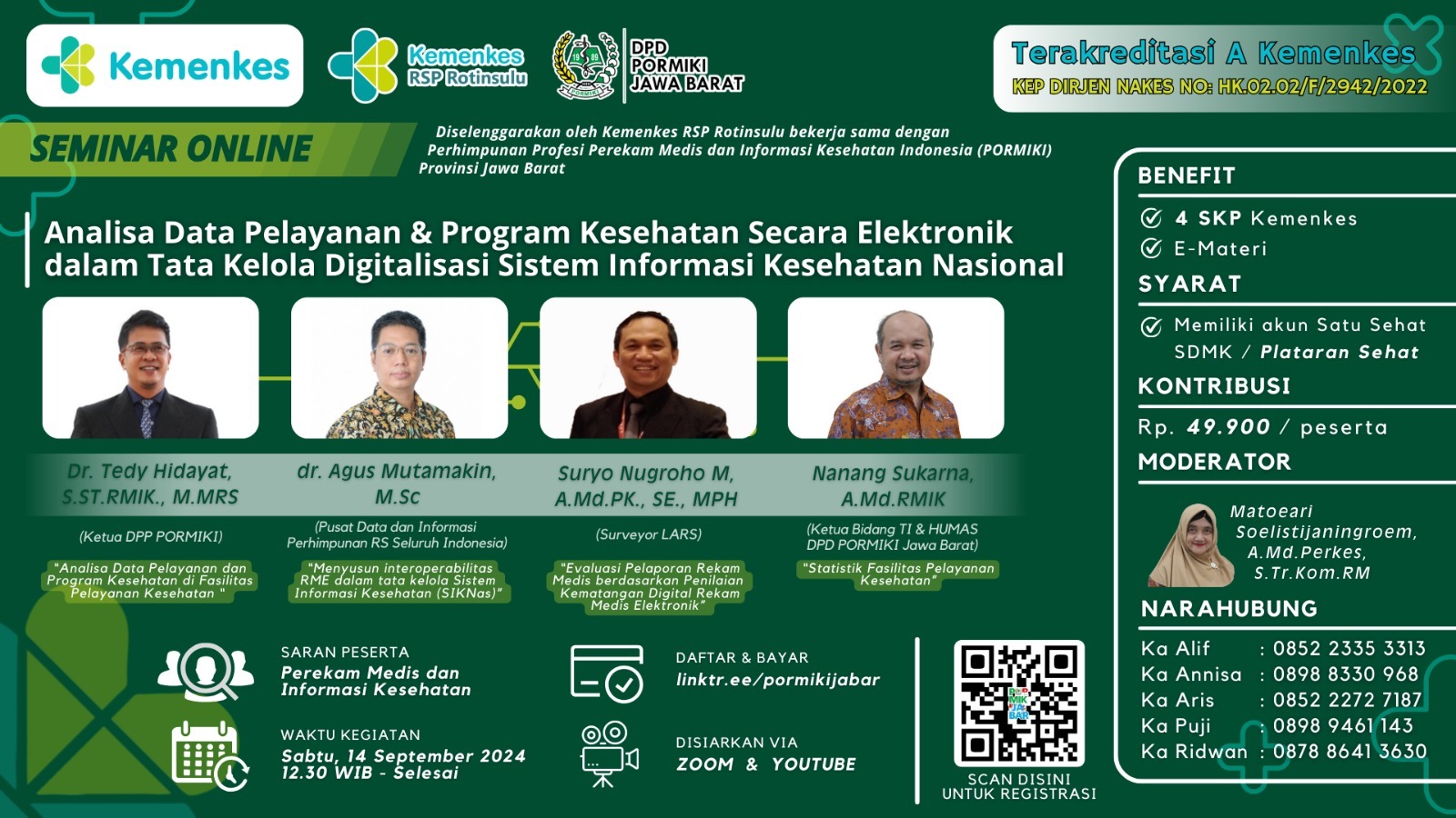 Seminar Analisa Data Pelayanan Dan Program Kesehatan Secara Elektronik Dalam Tata Kelola  Digitalisasi Sistem Informasi Kesehatan Nasional Kerjasama antara DPD PORMIKI Jawa Barat dengan RS Paru Dr. H. A Rotinsulu Bandung
