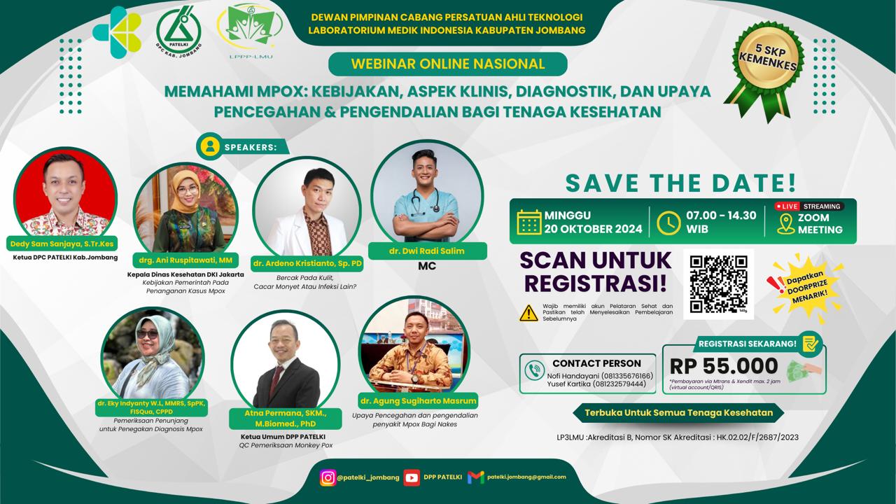 Webinar Mpox Kebijakan, Aspek Klinis, Diagnostik, Dan Upaya Pencegahan Pengendalian Mpox Bagi Tenaga Kesehatan_DPC PATELKI JOMBANG