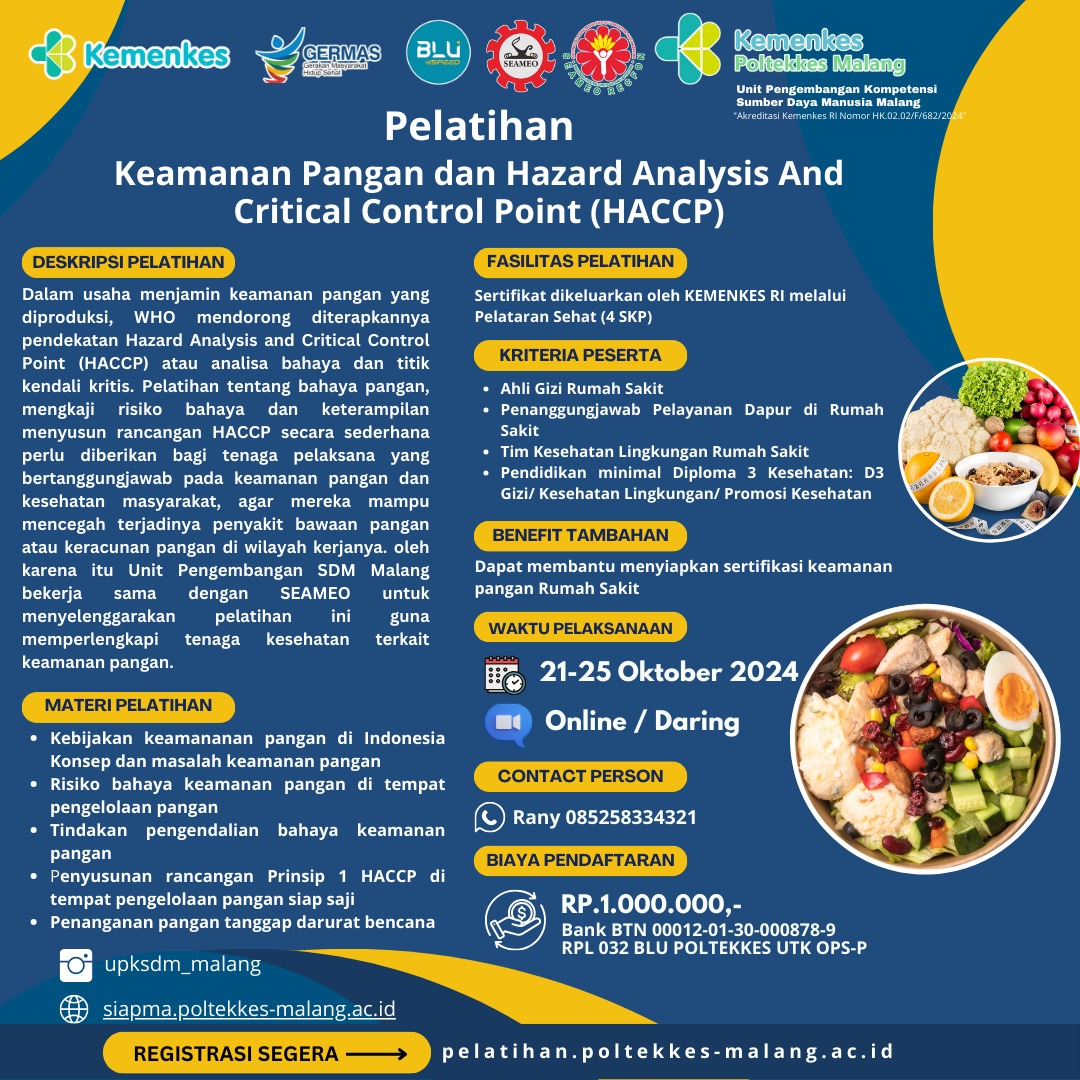 Pelatihan Keamanan Pangan dan Hazard Analysis and Critical Control Point (HACCP) kelas B