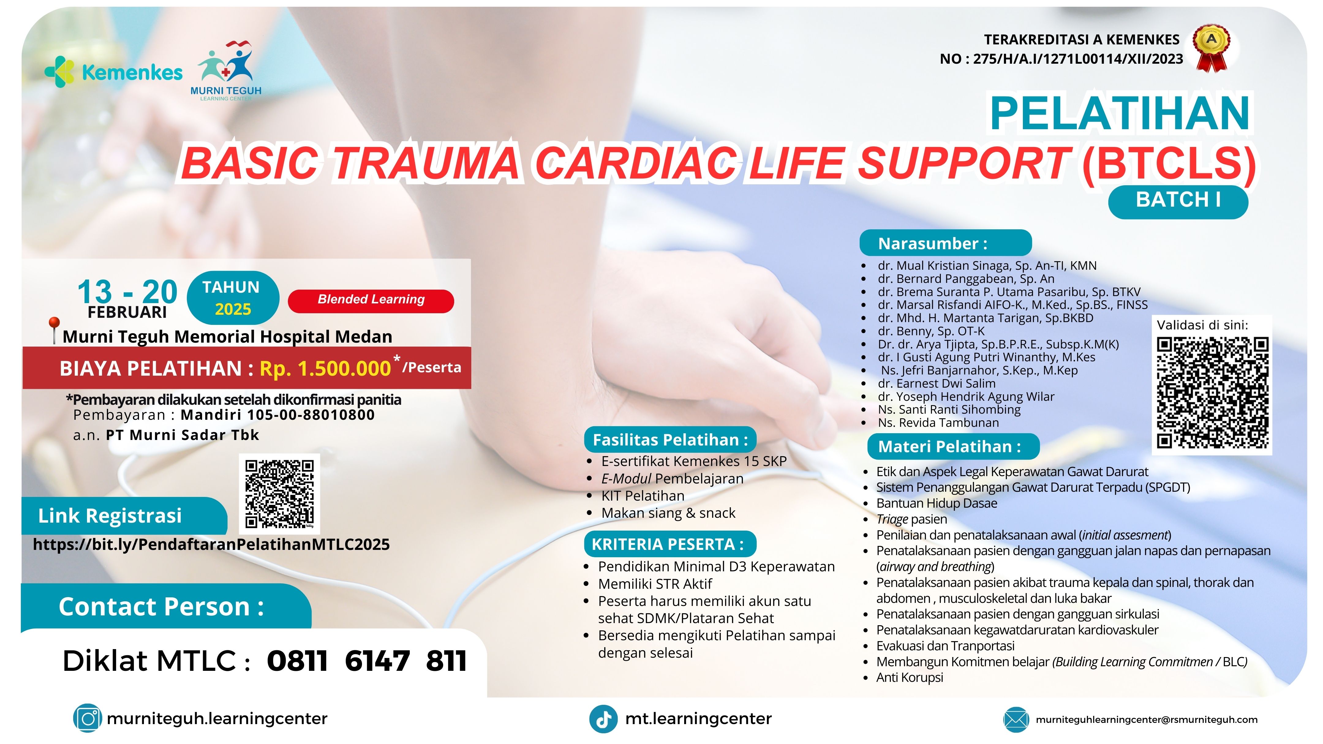Pelatihan Basic Trauma Cardiac Life Support (BTCLS) Batch 1