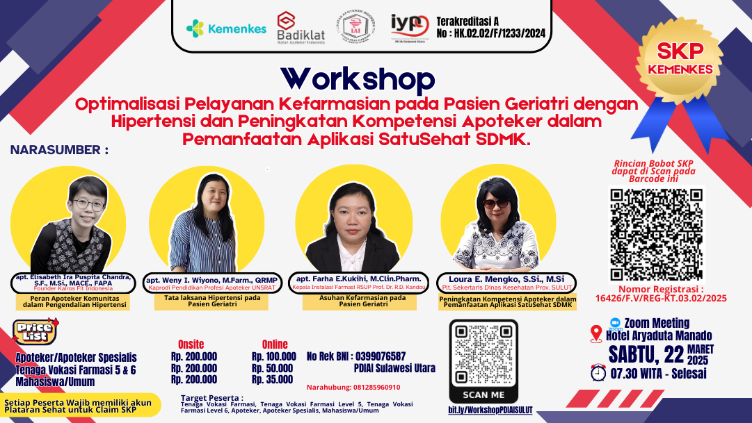 Workshop Optimalisasi Pelayanan Kefarmasian pada Pasien Geriatri dengan Hipertensi dan Peningkatan Kompetensi Apoteker dalam Pemanfaatan Aplikasi SatuSehat SDMK Angkatan 1