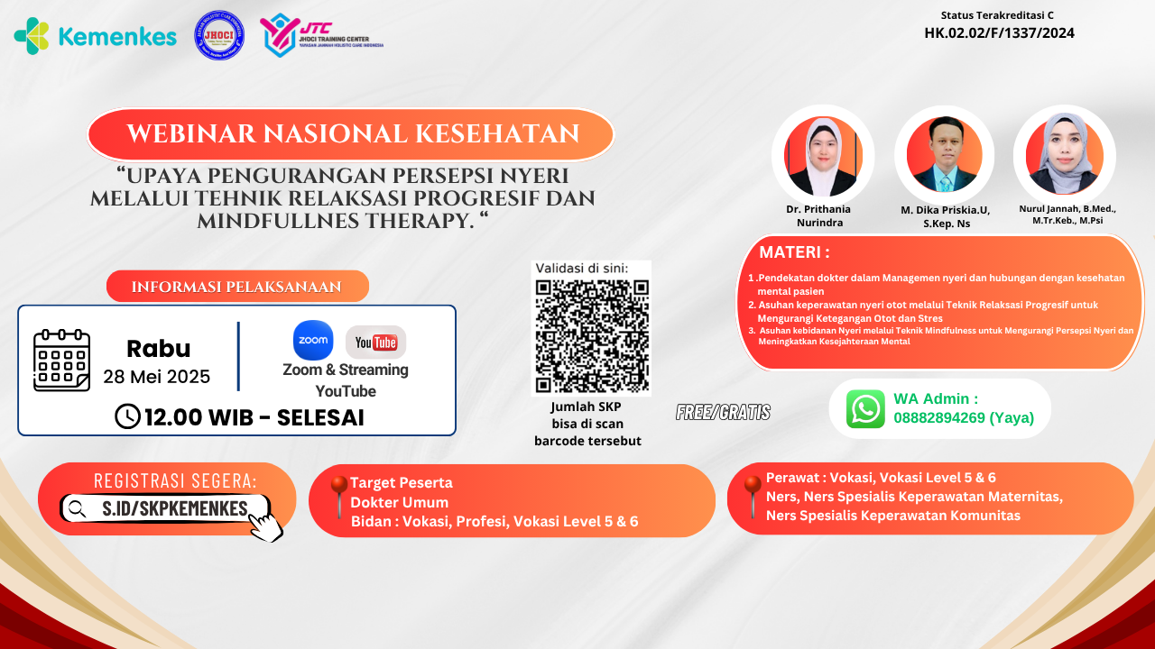 Webinar Update kompetensi dokter, perawat, bidan dalam upaya pengurangan persepsi nyeri melalui Tehnik Relaksasi progresif dan Mindfullnes therapy. Angkatan 1