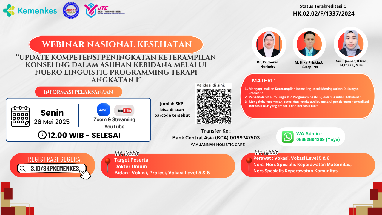 Webinar Dokter, perawat, Bidan_Update kompetensi Peningkatan keterampilan konseling dalam Asuhan kebidana melalui nuero linguistic programming terapi. Angkatan 1
