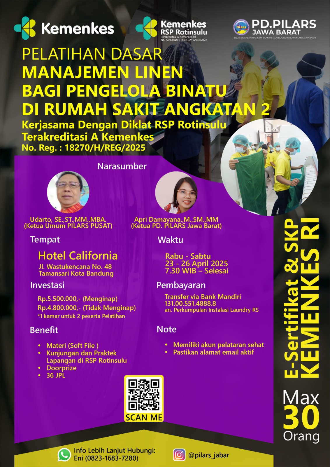 Pelatihan Manajemen Linen Rumah Sakit Bagi Pengelola Binatu di Rumah Sakit Kerjasama Antara RS Paru Dr. H. A. Rotinsulu Bandung dengan PILARS Jawa Barat