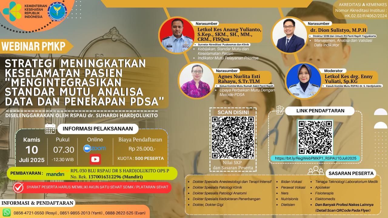 WEBINAR STRATEGI MENINGKATKAN KESELAMATAN PASIEN “MENGINTEGRASIKAN STANDAR MUTU, ANALISA DATA DAN PENERAPAN PDSA” Angkatan 1
