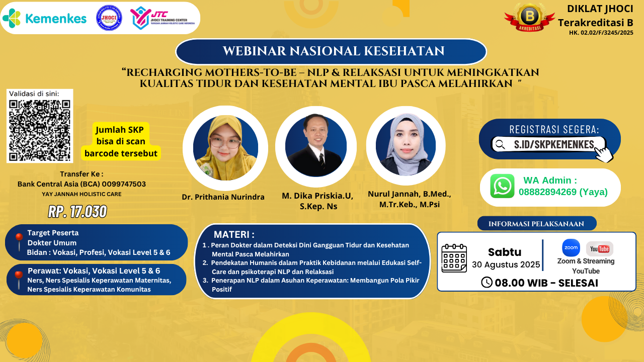 Webinar Dokter, Perawat, Bidan: Recharging Mothers-to-Be – NLP & Relaksasi untuk Meningkatkan Kualitas Tidur dan Kesehatan Mental Ibu Pasca Melahirkan Angkatan 1