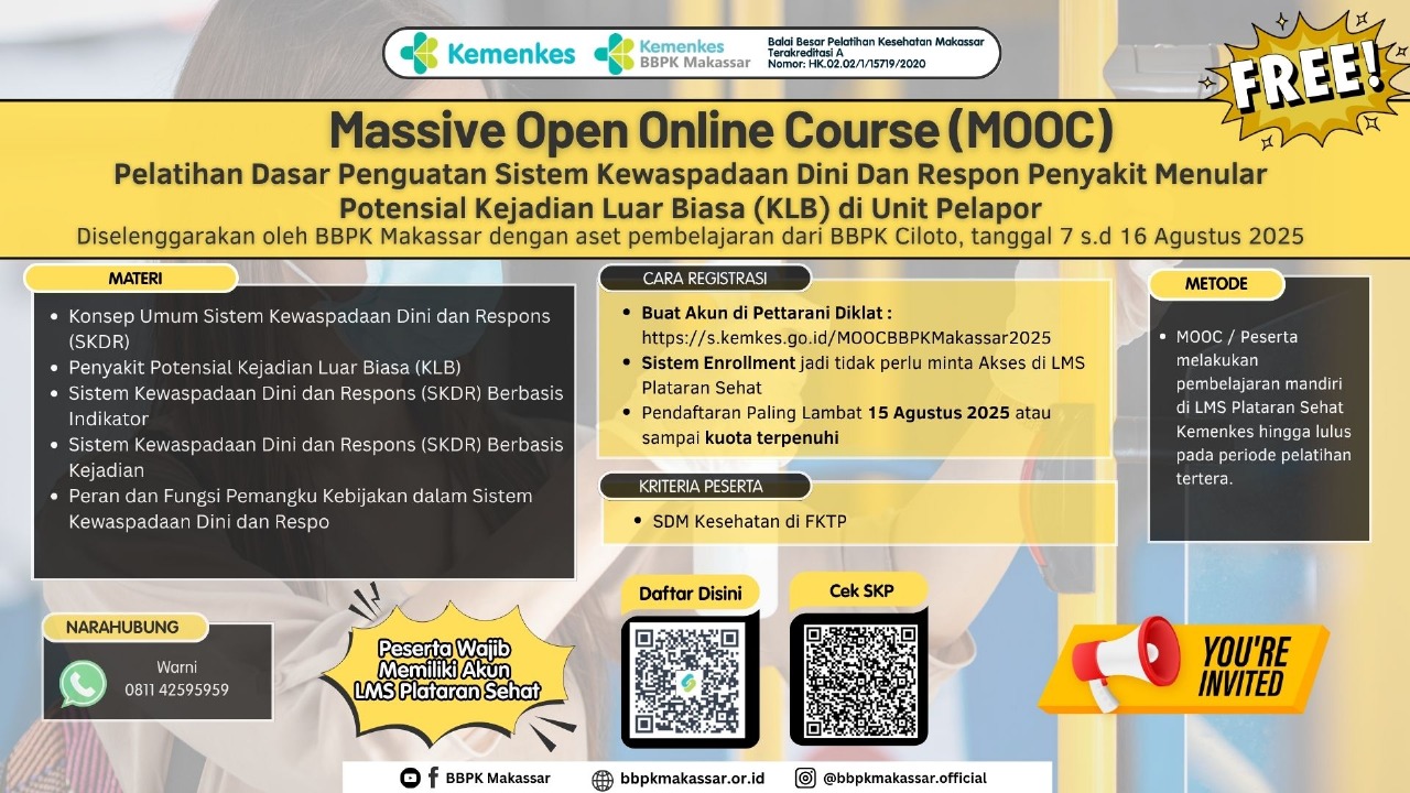 Massive Open Online Course (MOOC) Pelatihan Dasar Penguatan Sistem Kewaspadaan Dini Dan Respon Penyakit Menular Potensial Kejadian Luar Biasa (KLB) di Unit Pelapor Angkatan 1