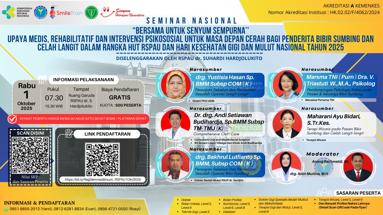 SEMINAR NASIONAL “BERSAMA UNTUK SENYUM SEMPURNA” Upaya Medis, Rehabilitatif dan Intervensi Psikososial untuk Masa Depan Cerah Bagi Penderita Bibir Sumbing dan Celah Langit Dalam Rangka HUT RSPAU dan Hari  Kesehatan Gigi dan Mulut Nasional Tahun 2025 Angka