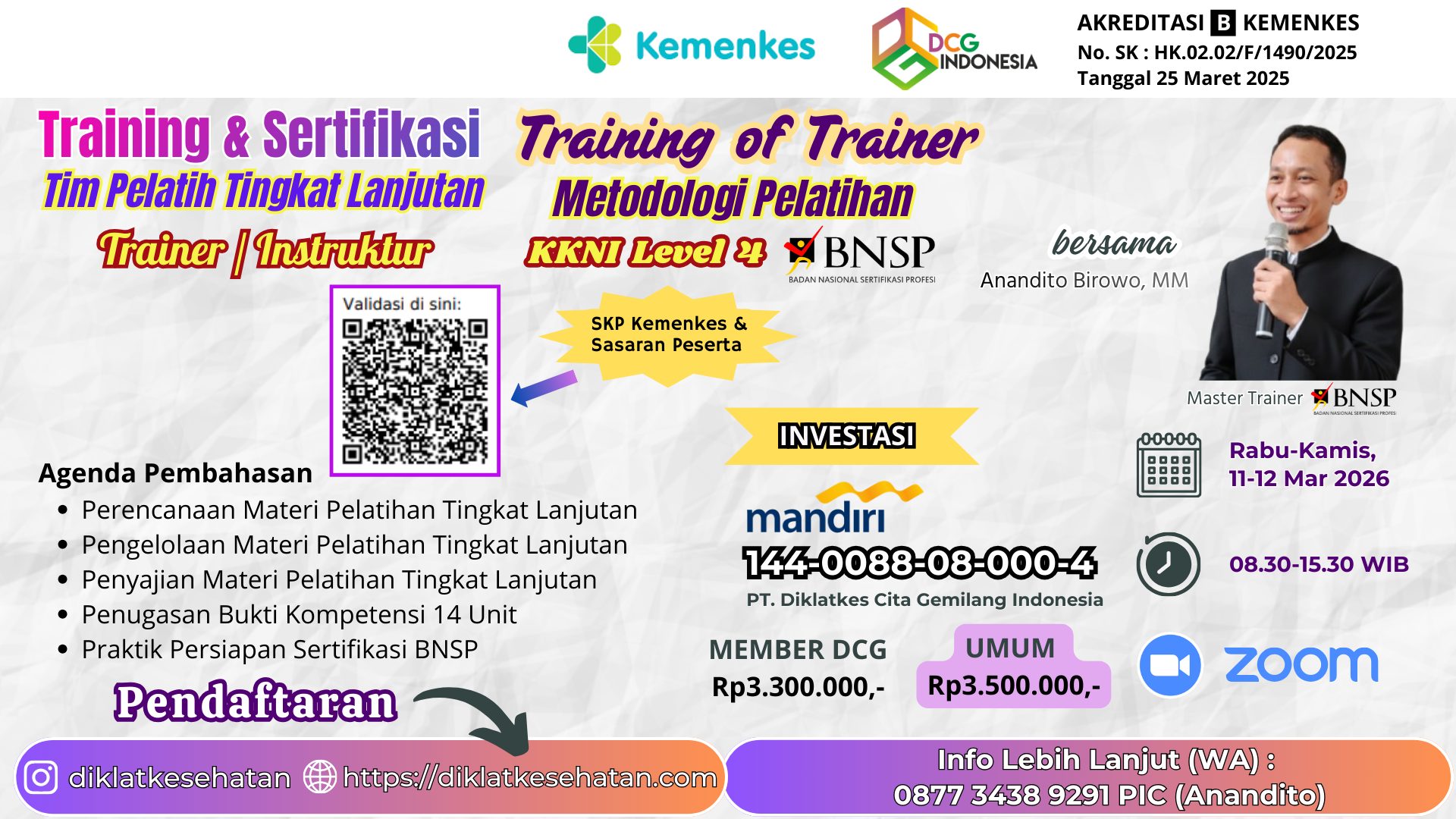 Training dan Sertifikasi Tim Pelatih Tingkat Lanjutan : Training of Trainer Metodologi Pelatihan (KKNI Level 4 BNSP) Angkatan 1